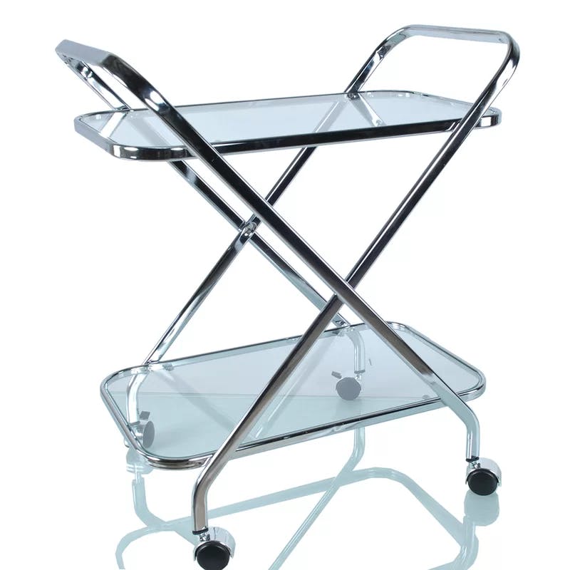Sophisticated Chrome and Glass X-Shape Bar Cart with Locking Wheels