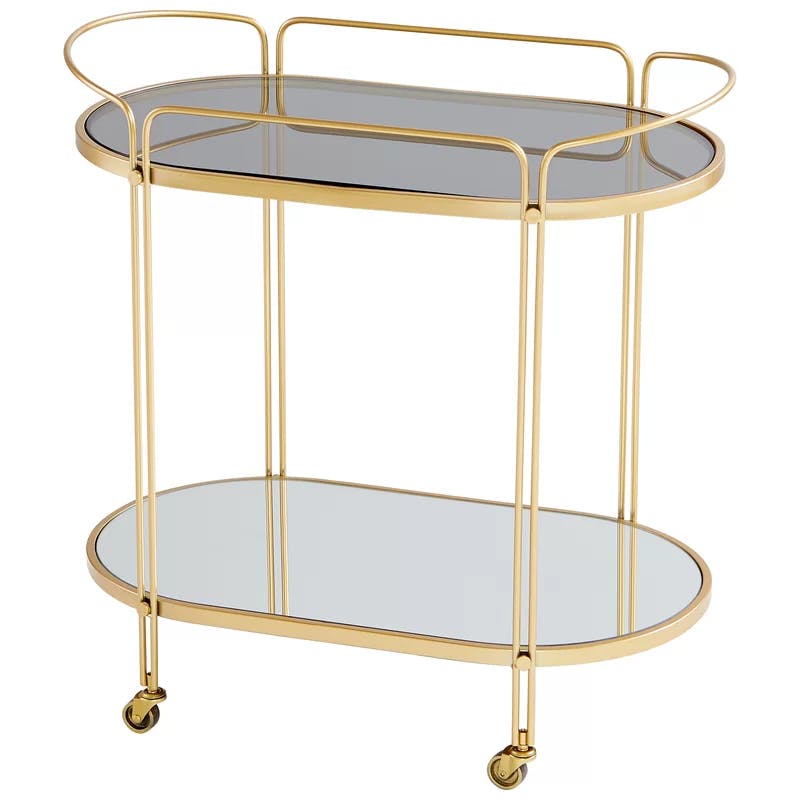 Contemporary Motif Gold Oval Bar Cart with Glass Shelves