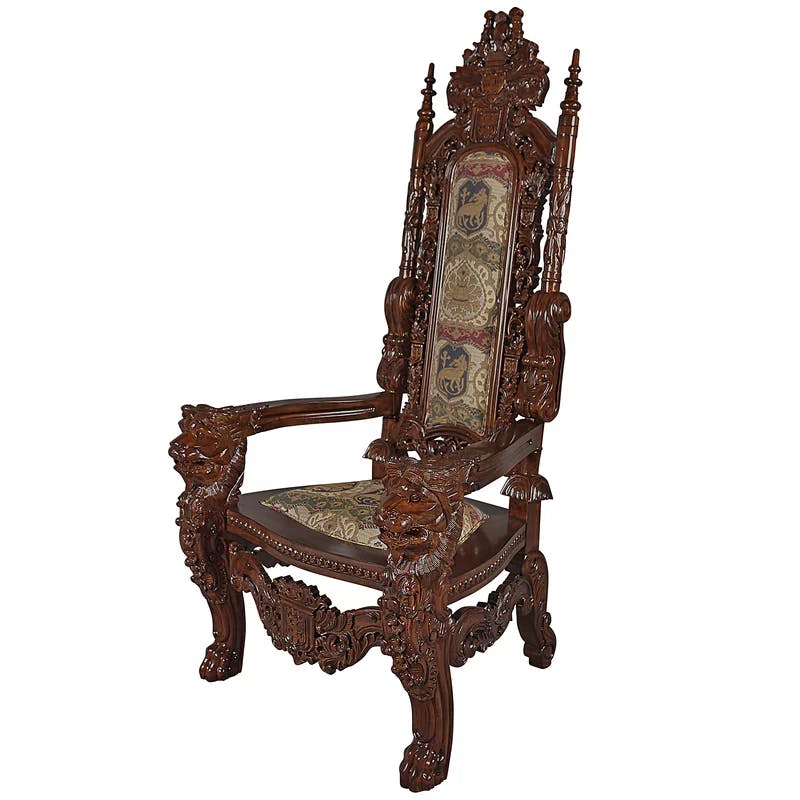 Regal Majesty Hand-Carved Mahogany Throne Chair with Heraldic Upholstery