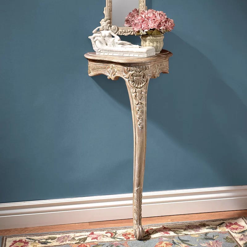 Petite Louis XV Whitewashed Wood Wall-Mounted Console Table