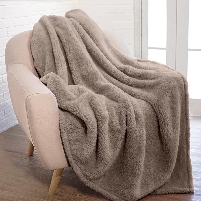 Cozy Sherpa Fleece Throw Blanket in Taupe - Lightweight & Machine Washable