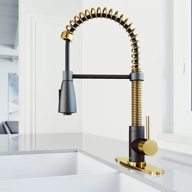 Elegant Dual-Tone Matte Gold and Black Pull-Down Kitchen Faucet with Deck Plate