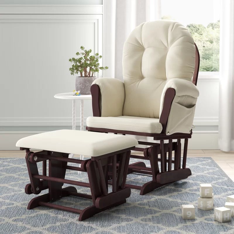 Espresso Wood Glider Chair and Ottoman with Beige Cushions