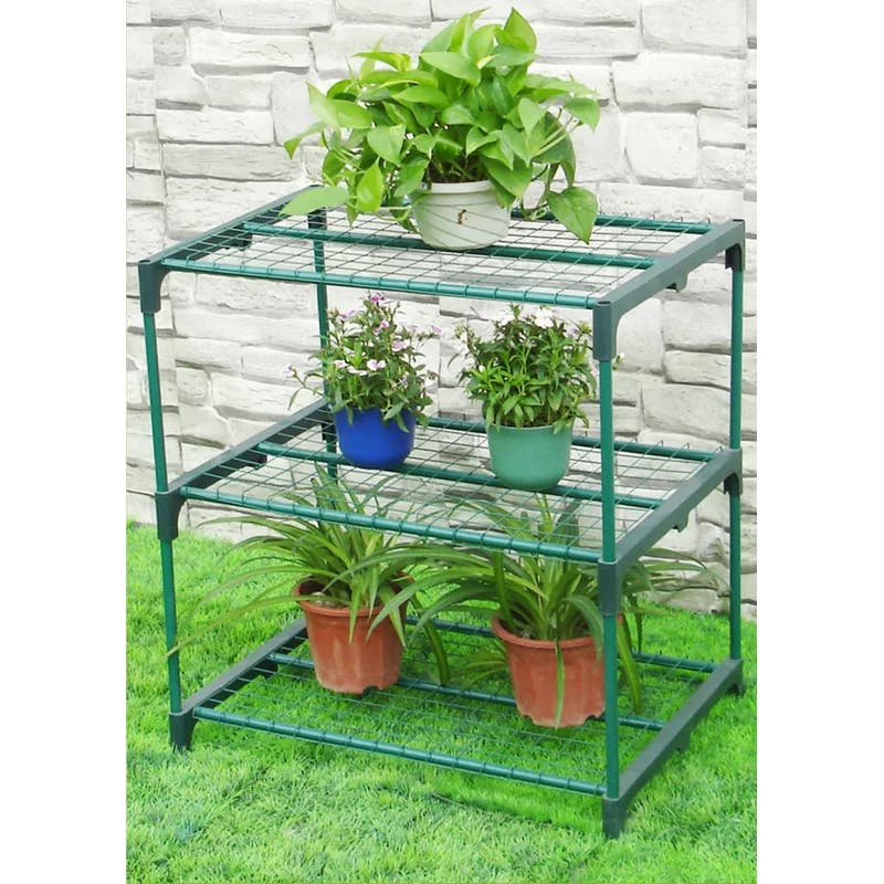 Compact Green Polyresin 3-Tier Mini Greenhouse with Removable Shelves