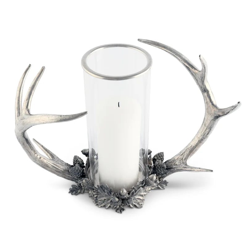 Rustic Antler Pewter and Glass Hurricane Candle Holder