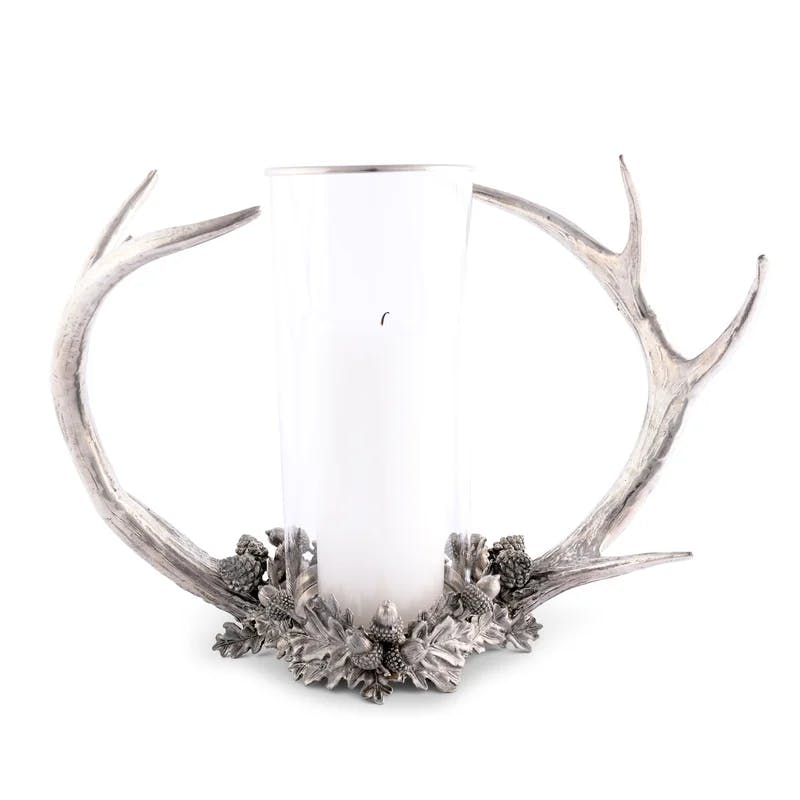 Rustic Antler Pewter and Glass Hurricane Candle Holder