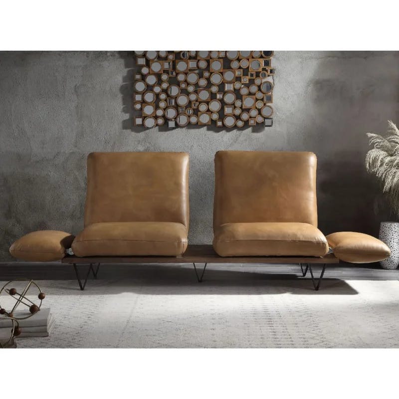 Nutmeg Top Grain Leather Round Arm Sofa with Solid Wood Base