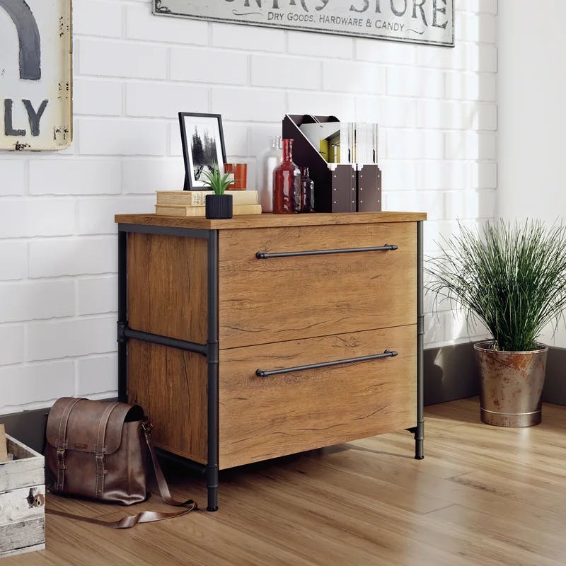 Checked Oak Industrial 2-Drawer Lateral File Cabinet