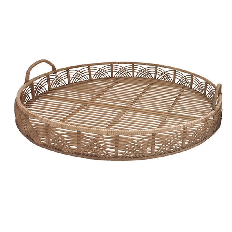 Cottage Style Curved Handle Brown Bamboo Tray Set