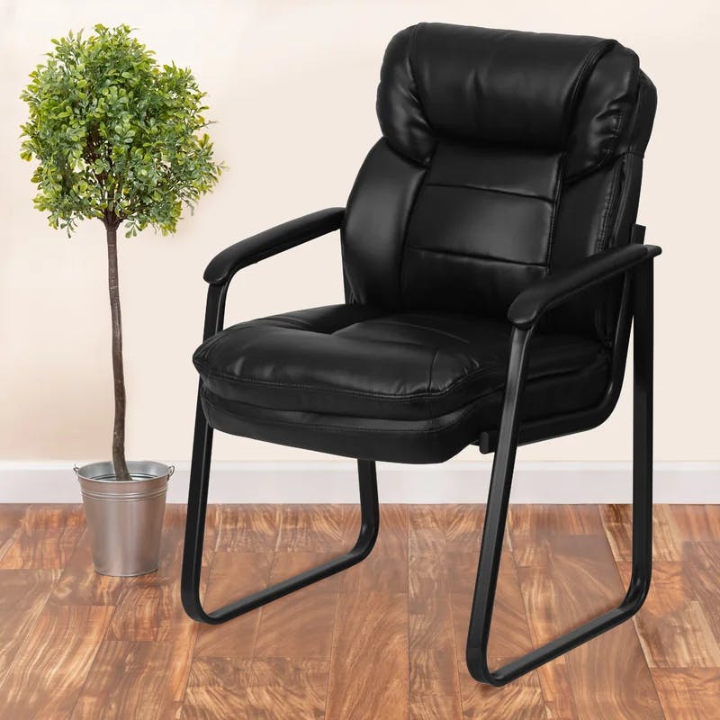 Contemporary Black LeatherSoft Swivel Chair with Metal Sled Base