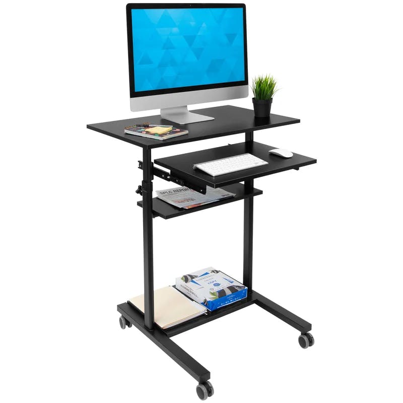 Adjustable 32" Black Wood Mobile Sit/Stand Desk with Keyboard Tray