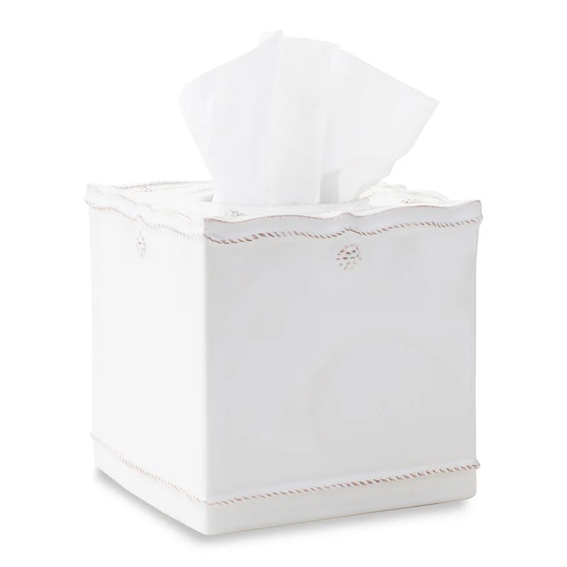 Elegant Whitewash Ceramic Tissue Box Cover with Berry & Thread Motif