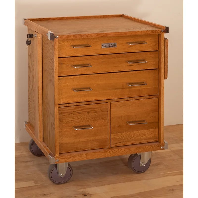 Classic American Red Oak 5-Drawer Lockable Rolling Cabinet