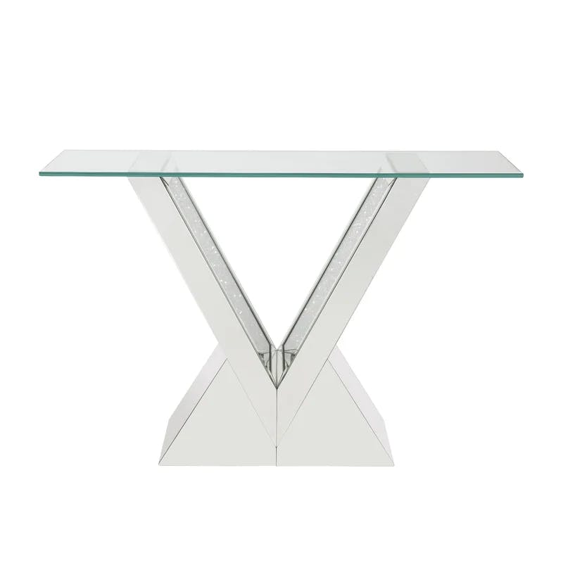 Mirrored V Pedestal 47'' Console Table with Faux Diamond Inlay