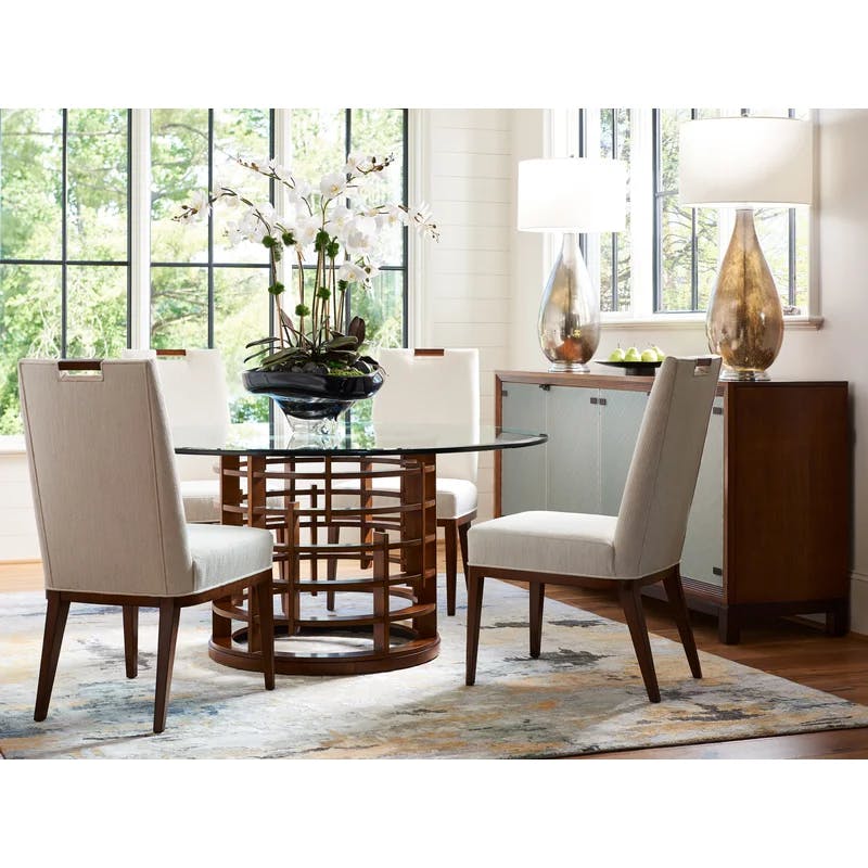 Transitional Brown Wood & Glass Round Dining Table, 72-Inch