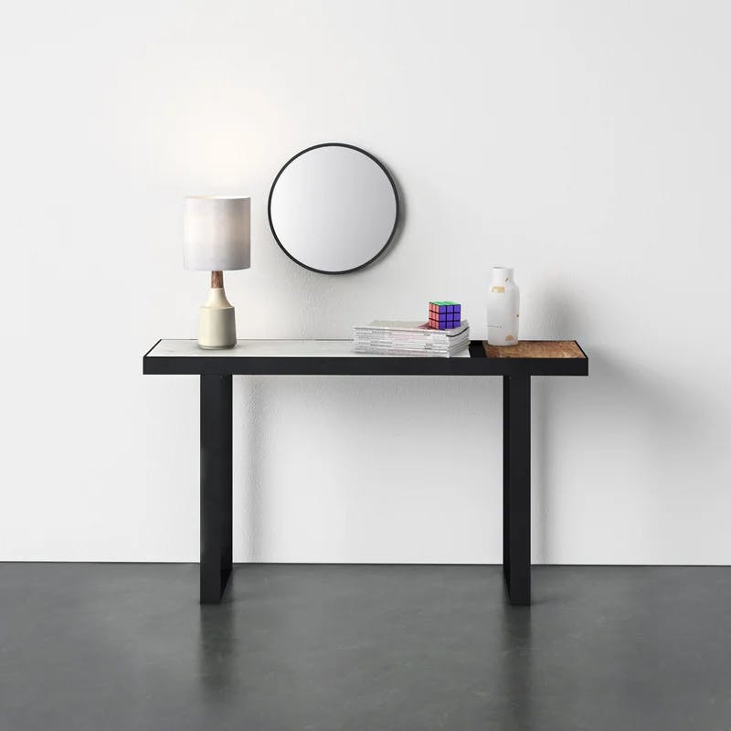 Blox 50'' Black Iron Frame Console Table with Marble and Acacia Wood