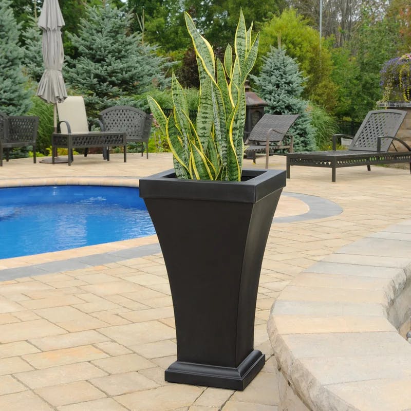 Bordeaux Tall Black Resin Self-Watering Planter for Outdoor Use