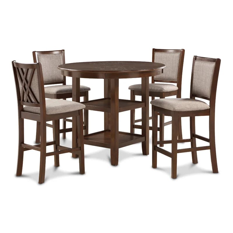 Transitional Cherry Brown 5-Piece Round Bistro Dining Set with Fabric Chairs