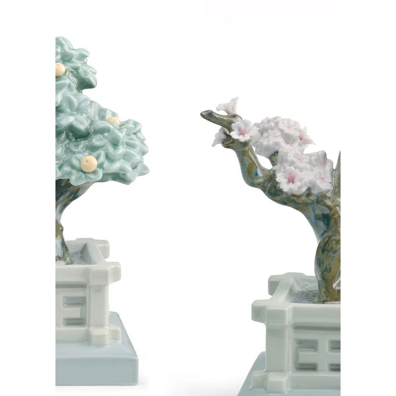 Elegant Japanese Tree Porcelain Sculpture Duo