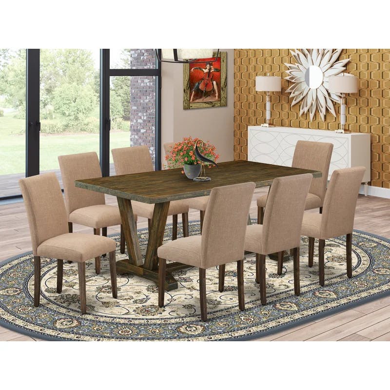 Distressed Jacobean 72" Modern Dining Set with 8 Light Sable Chairs