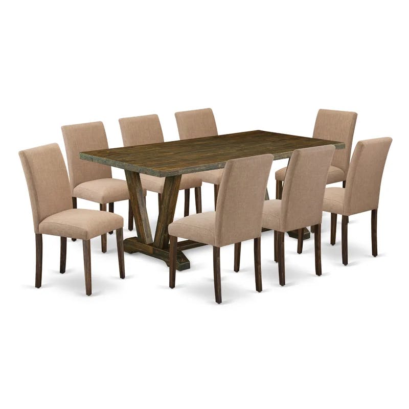 Distressed Jacobean 72" Modern Dining Set with 8 Light Sable Chairs
