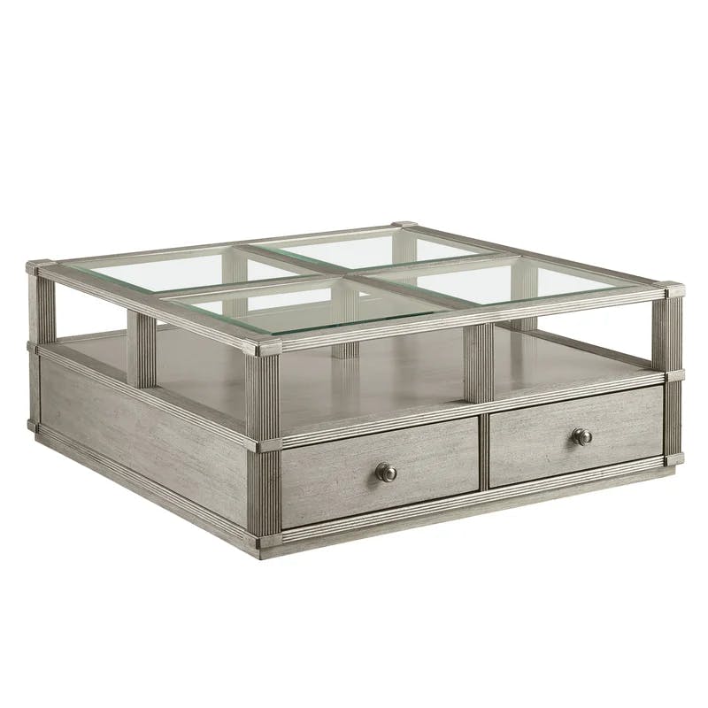 Ellman Square Cocktail Table with Glass Top and Storage in Silver