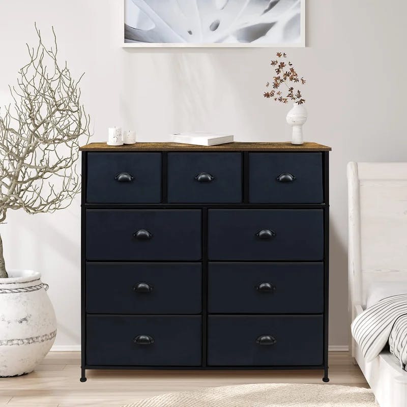 Sorbus Rustic Farmhouse Black 9-Drawer Dresser with Wood Top