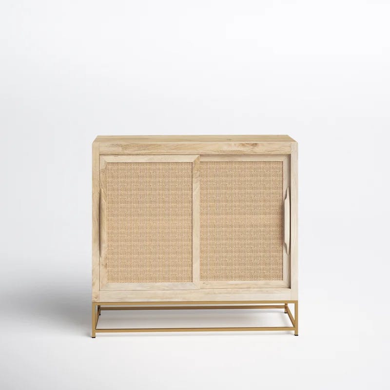 Janie Geometric Gold-Finish Rattan 2-Sliding Door Cabinet