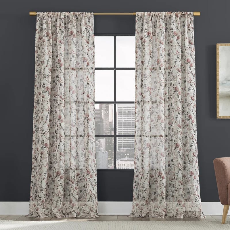 Rosette Sheer Linen Blend Rod Pocket Curtain, 52" x 96"