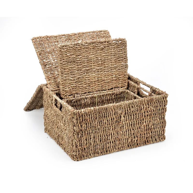 Eco-Chic Seagrass Rectangular Storage Baskets with Lids - Set of 3