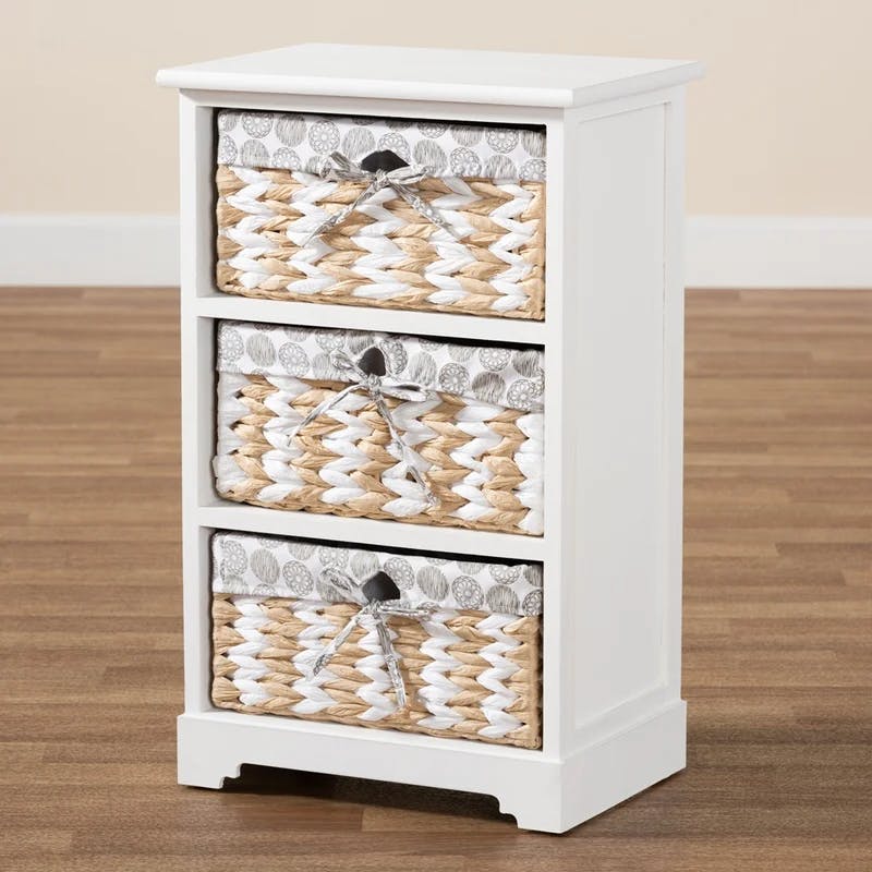 Rianne White Wood and Woven Basket 3-Storage Unit
