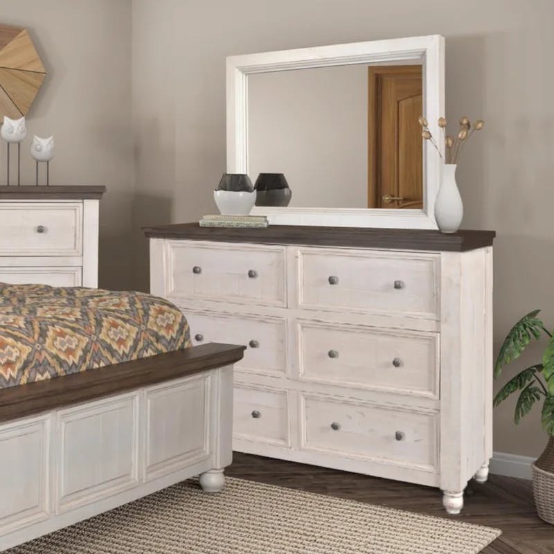 Rustic French 6-Drawer Double Dresser with Mirror in Distressed White and Brown