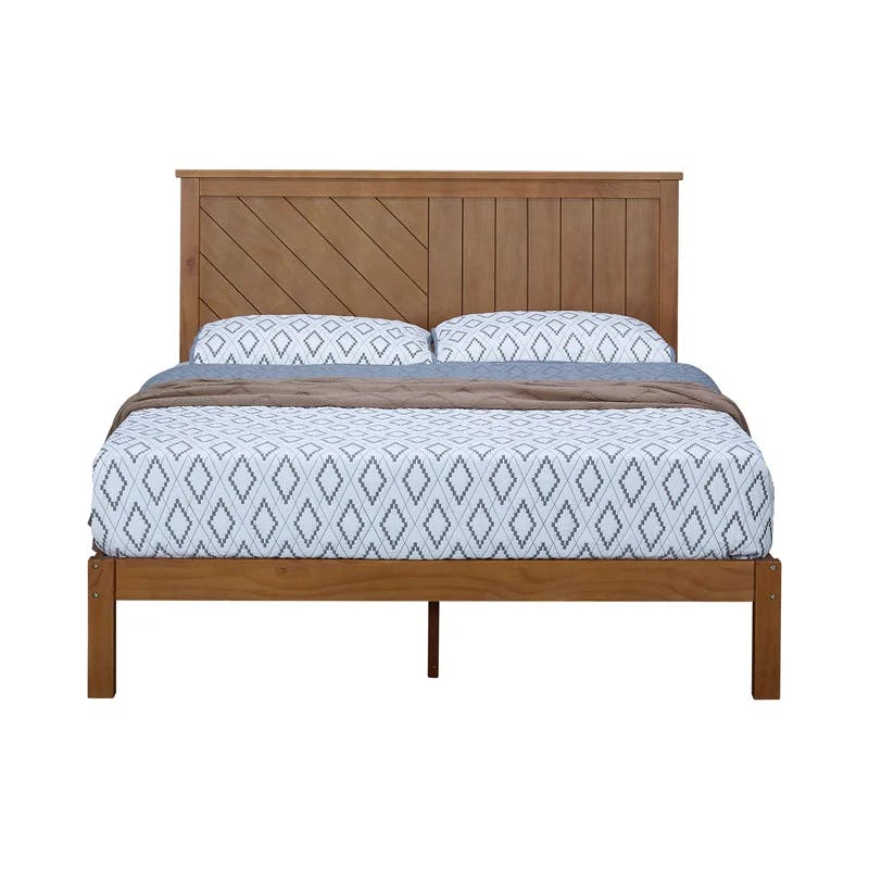 Rustic Pine Finish Solid Wood Queen Platform Bed with Headboard