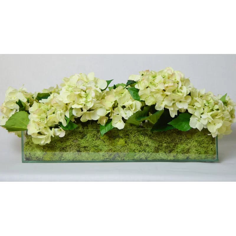 Elegant Cream Hydrangea Silk Floral Arrangement in Glass Planter