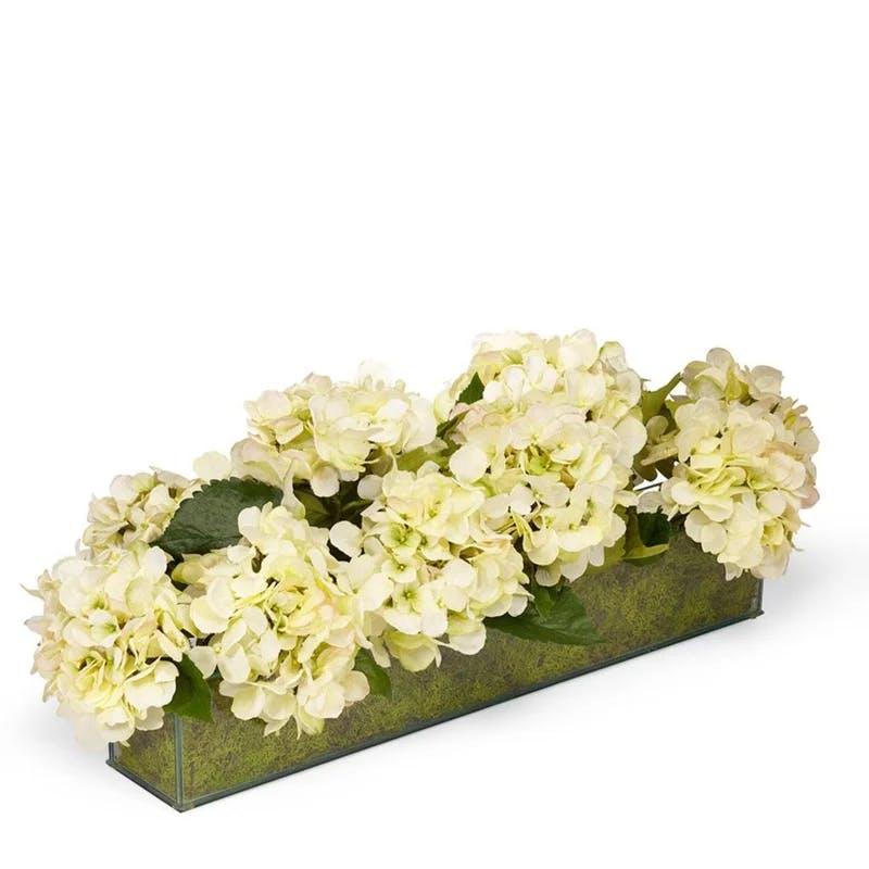 Elegant Cream Hydrangea Silk Floral Arrangement in Glass Planter