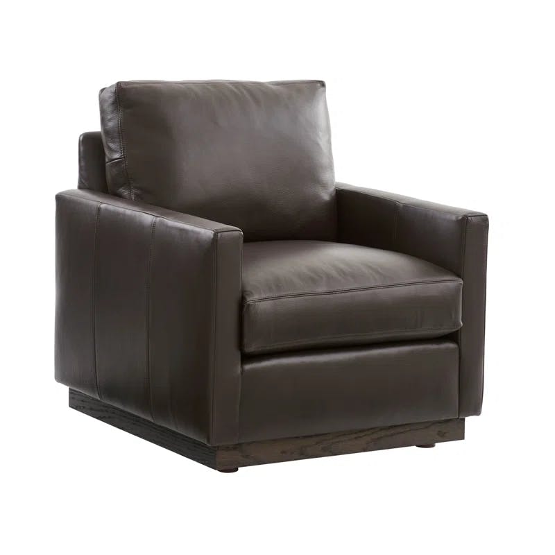 Arrowleaf Brown Leather Swivel Armchair with Wood Accents