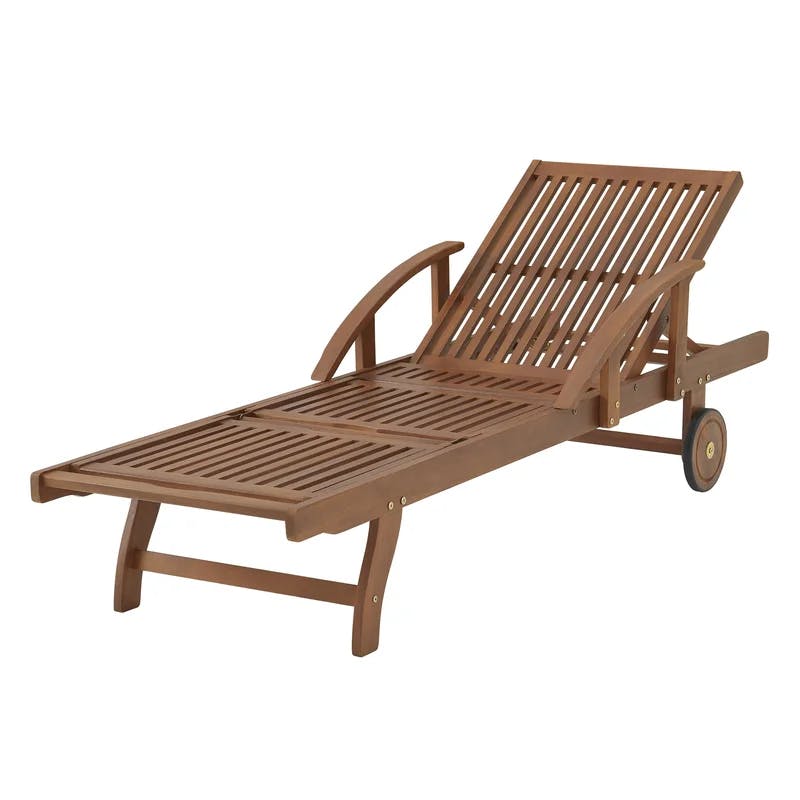 Caspian Adjustable Eucalyptus Wood Outdoor Chaise Lounge with Wheels