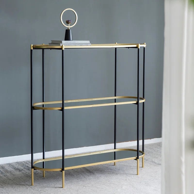 Bertram Gold and Black 3-Tier Mirrored Console Table
