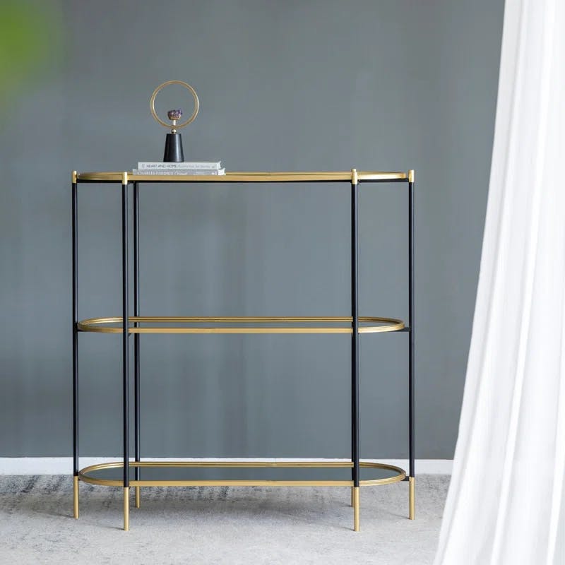 Bertram Gold and Black 3-Tier Mirrored Console Table