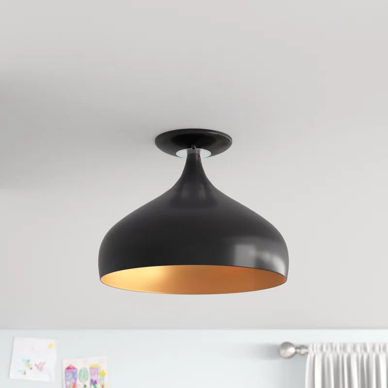 Amador Transitional 1-Light Semi-Flush Mount in Shiny Black with Gold Interior