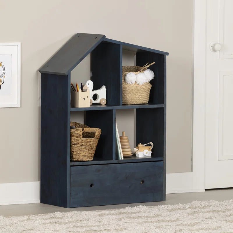 Scandinavian House-Shaped Kids Bookcase with Storage in Dark Blue