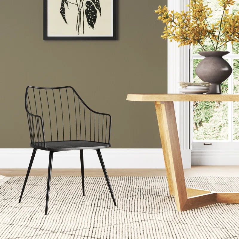 Winston Transitional Black Metal Arm Chair with Wood Seat