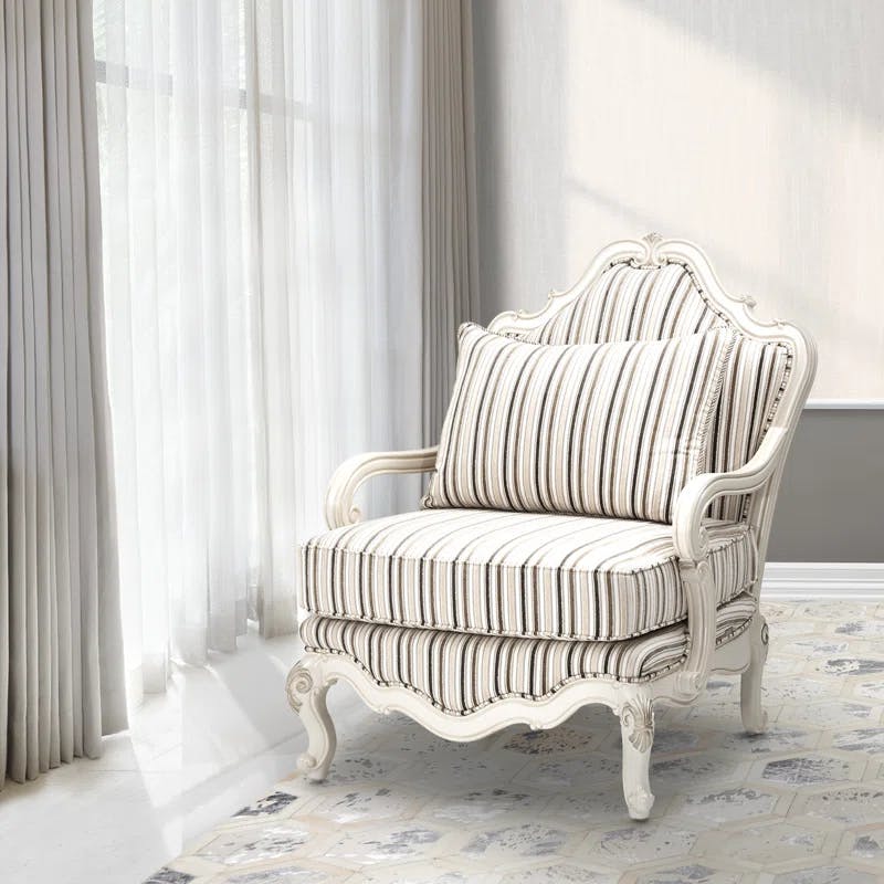 Classic Pearl Cream Stripe Handcrafted Wood Accent Chair