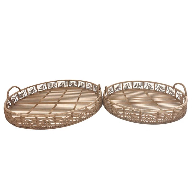 Cottage Style Curved Handle Brown Bamboo Tray Set