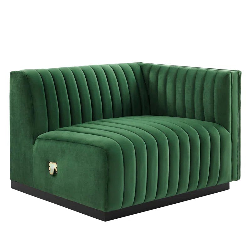 Emerald Velvet Luxe Channel-Tufted Right-Arm Chair with Matte Black Base