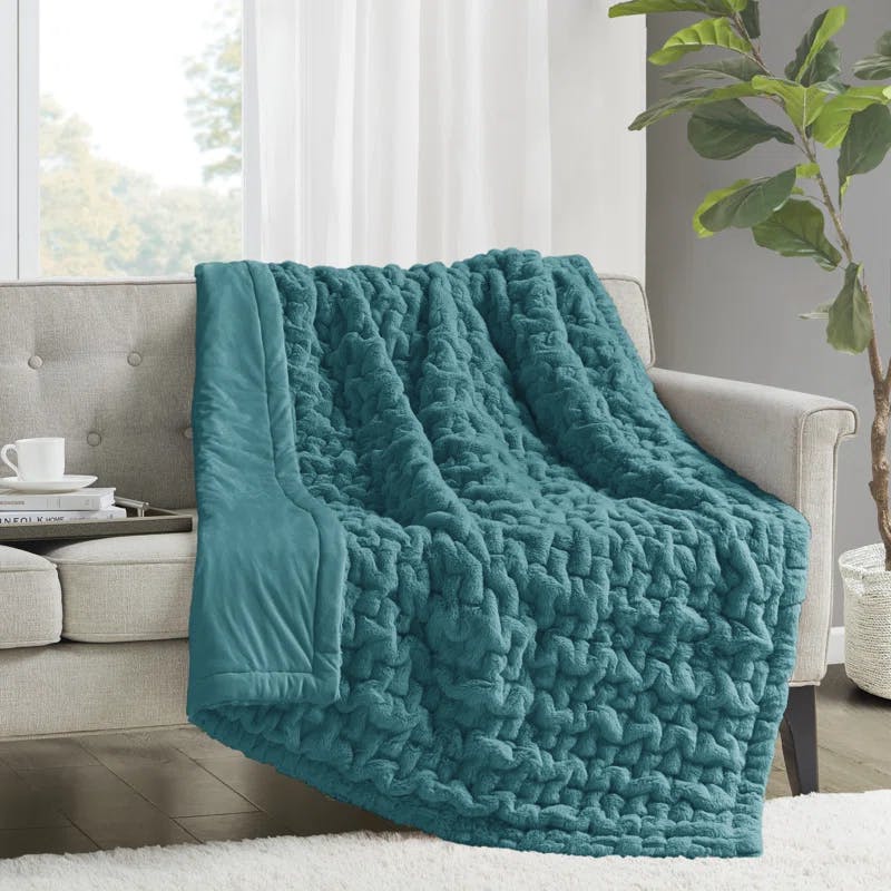 Teal Ruched Faux Fur 50x60 Reversible Throw Blanket