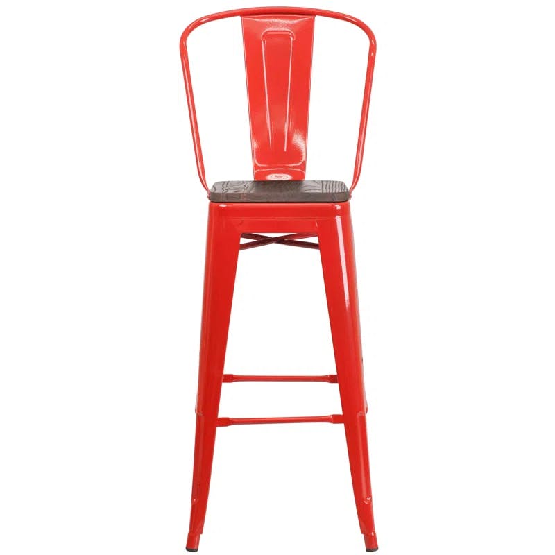 Rustic Red Metal and Brown Wood Barstool with Slat Back