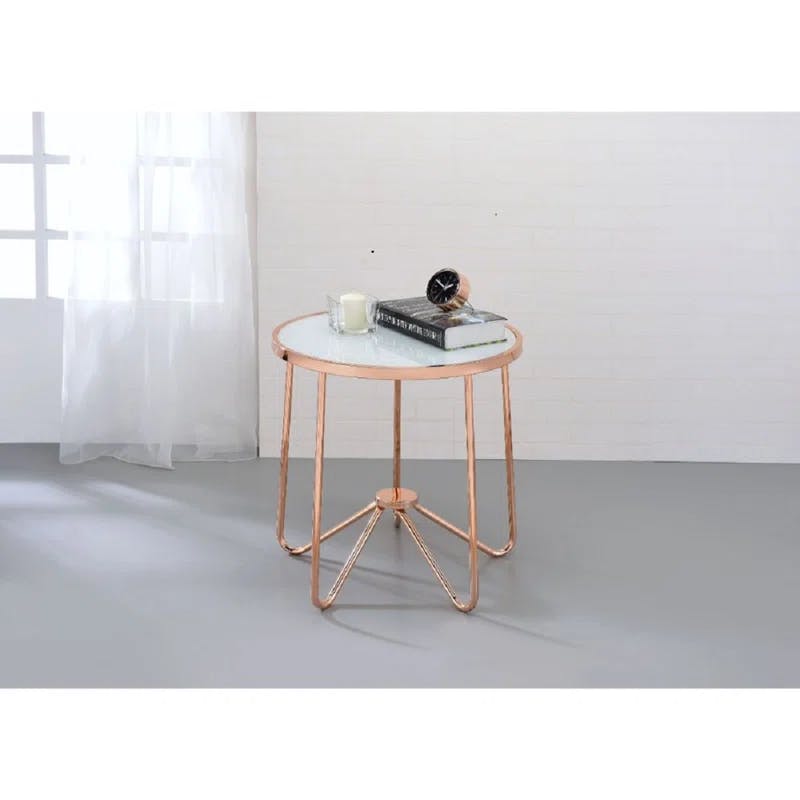22" Round Frosted Glass & Rose Gold Metal End Table