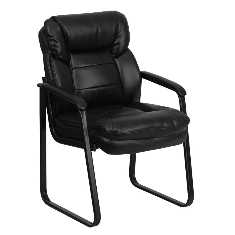 Contemporary Black LeatherSoft Swivel Chair with Metal Sled Base