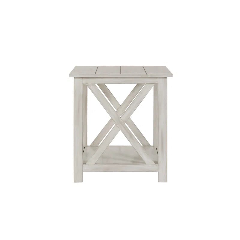 Farmhouse Charm Whitewash Solid Wood Rectangular Side Table